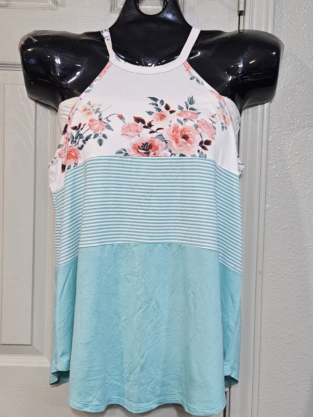 7th Ray Floral Halter Tank in Aqua, White, and Pink
